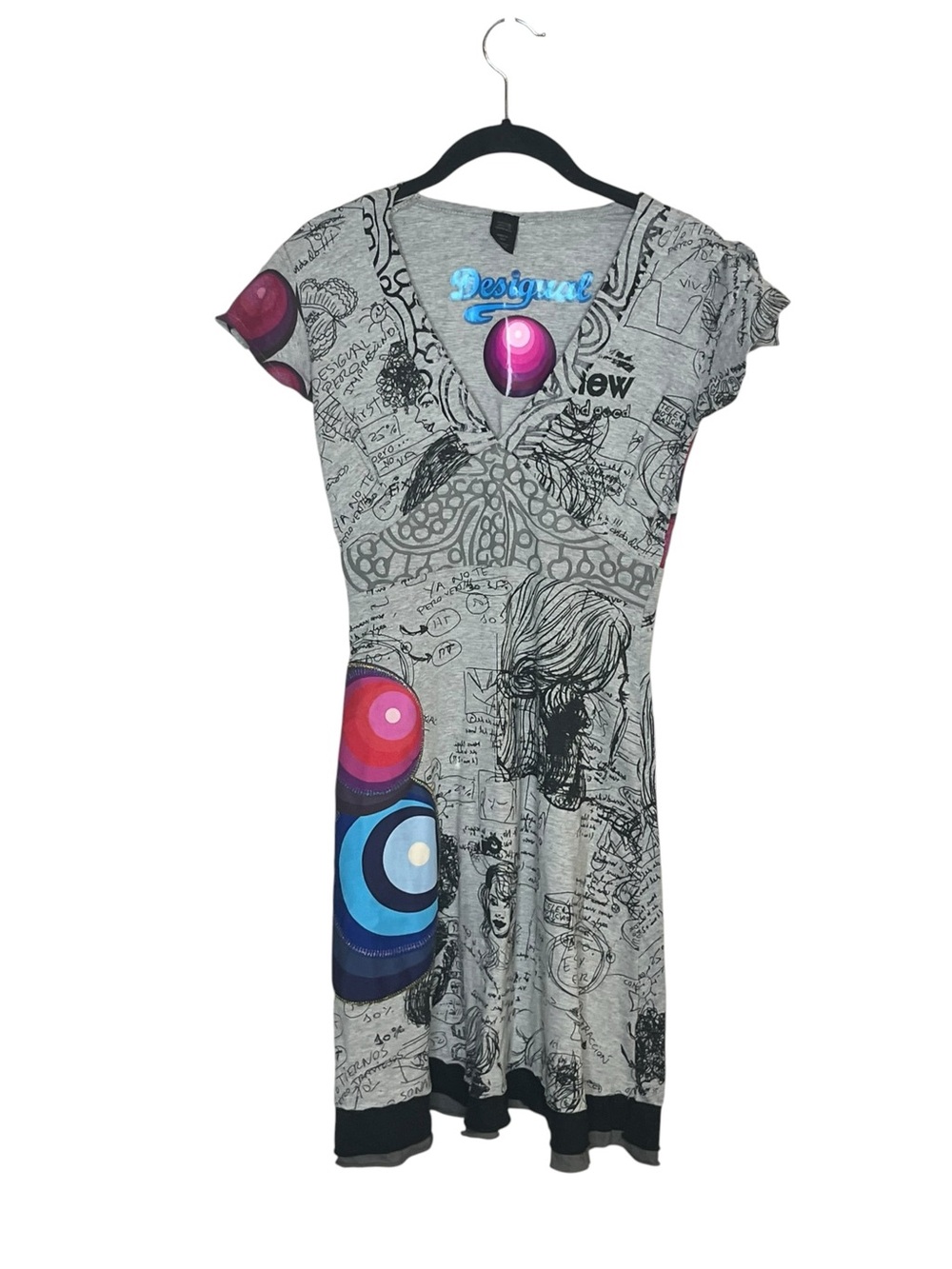 DESIGUAL Gray Graphic V Neck Dress